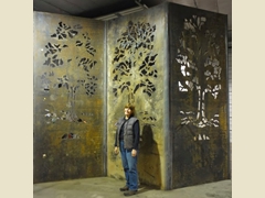 Sally in front of the sculpture - the first time we set it upright.